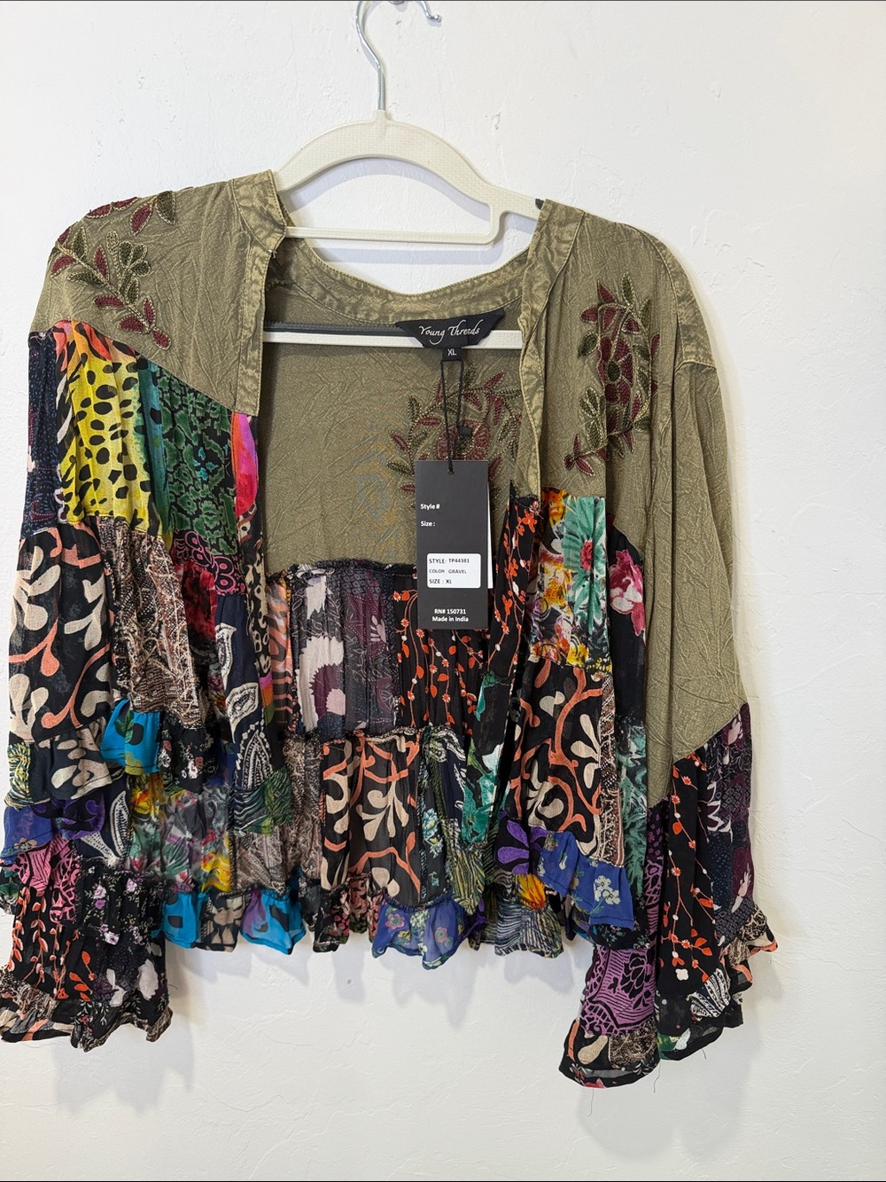 Floral Patchwork Open-Front Cardigan - Olive & Multi